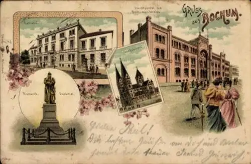 Litho Bochum im Ruhrgebiet, Bismarck-Denkmal, Josefskirche, Bochumer Verein, Rathaus