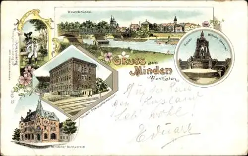 Litho Minden in Westfalen, Kaiser Wilhelm Denkmal, Weserbrücke, Oberpostdirektion, Bankverein