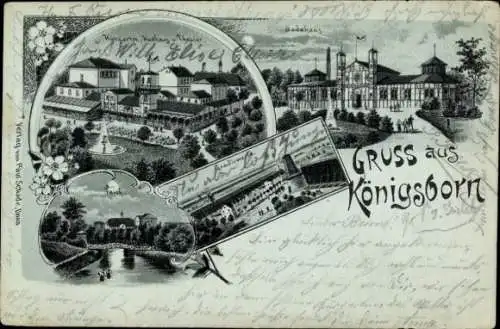 Mondschein Litho Königsborn Unna im Ruhrgebiet, Badehaus, Gradierwerke, Kurhaus, Theater