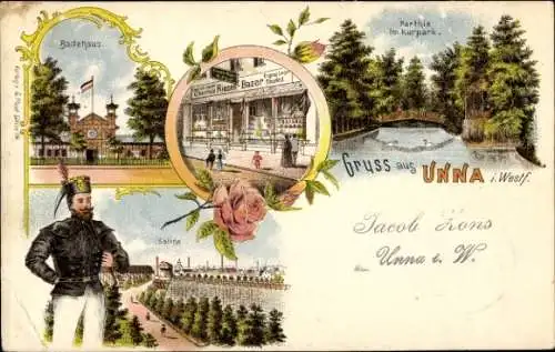 Litho Unna in Westfalen, Badehaus, Kurpark, Saline