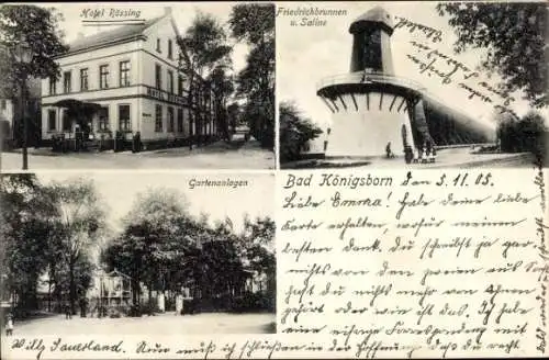 Ak Königsborn Unna im Ruhrgebiet, Hotel Rössing, Friedrichbrunnen, Saline, Gartenanlage