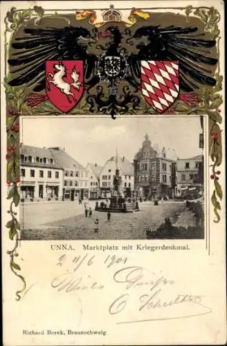 Präge Wappen Passepartout Ak Unna in Westfalen, Marktplatz, Kriegerdenkmal