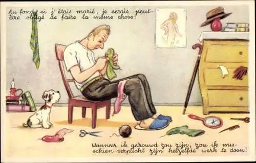 Künstler Ak Scheuermann, Willi, ? Mann stopft seine Socken