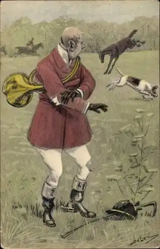 Künstler Ak Jagdmotiv, abgeworfener Reiter, bockendes Pferd, Jagdhund