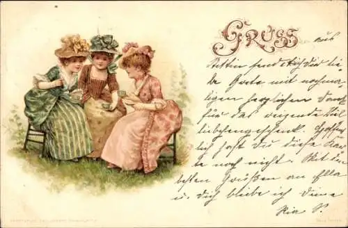 Litho Drei Damen mit Teetassen im Garten