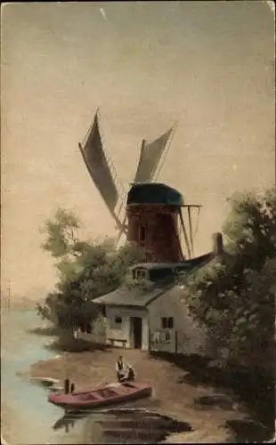 Künstler Ak Dorfmotiv, Windmühle, Boot am Ufer