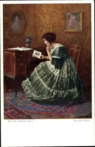 Künstler Ak Schuster, Karl M., Das alte Buch, lesende Frau