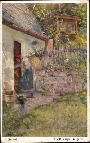 Künstler Ak Karpellus, Adolf, Heimkehr, Frau mit Kiepe, Katze