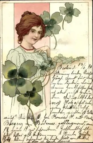 Jugendstil Litho Portrait einer Frau, Kleeblätter