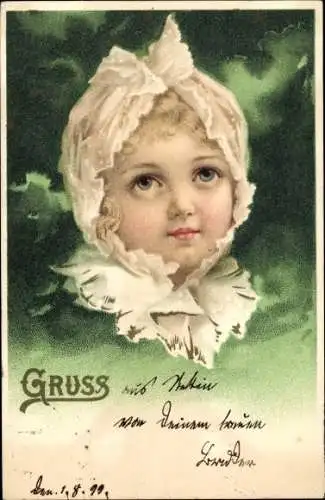 Litho Kinderportrait, Mädchen mit Haube