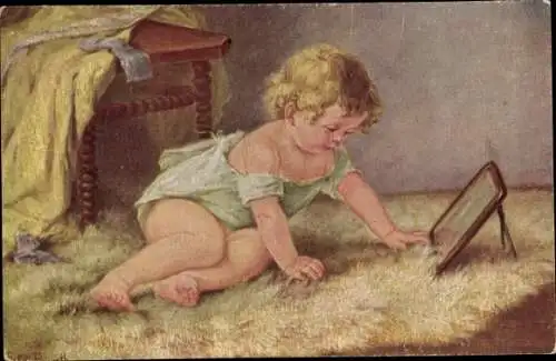 Künstler Ak Barth, K., Selbstbetrachtung, Baby, Spiegel