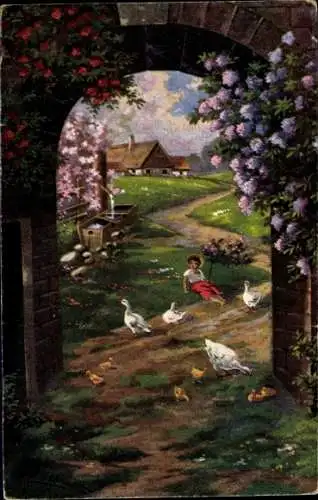 Ak Mädchen auf Blumenwiese, Gänse, Küken, Blumen