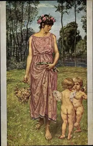 Künstler Ak Thoma, Hans, Frau in rosa Kleid, zwei Engel, Amor