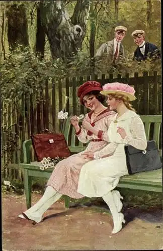 Studentika Künstler Ak Borrmeister, R., Studenten beobachten zwei junge Frauen