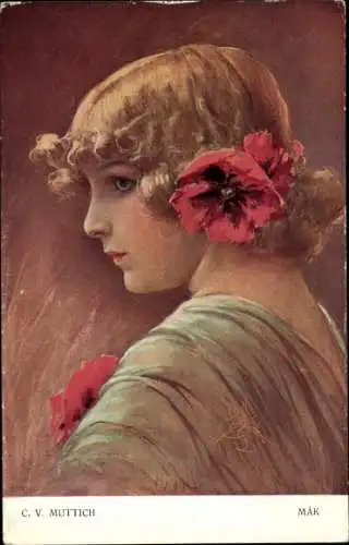 Künstler Ak Muttich, C. V., Junge Frau mit Mohnblüte im Haar