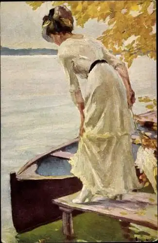 Künstler Ak Cucuel, E., Am Landungssteg, Frau in weißem Kleid, Ruderboot