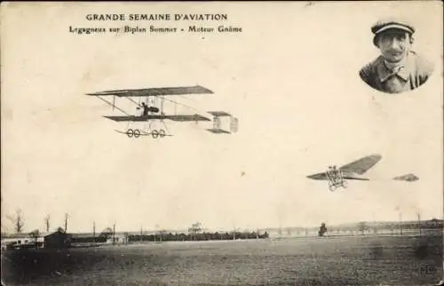 Ak Great Aviation Week, Legagneux auf Sommer-Doppeldecker, Gnome Engine