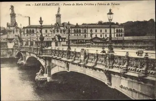 Ak Donostia San Sebastián Baskenland, Maria-Cristina-Brücke und Tabakfabrik