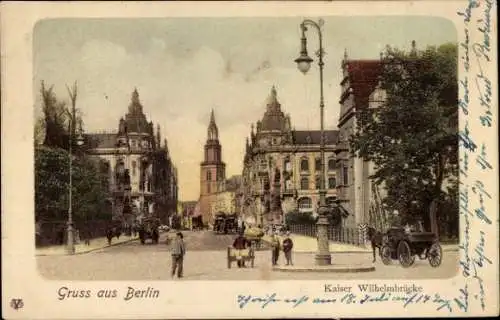 Ak Berlin Mitte, Kaiser Wilhelm Brücke, Handkarren, Pferdekutschen