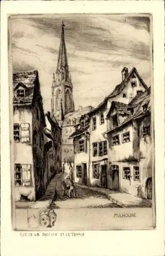 Künstler Ak Mulhouse Mulhouse Alsace Haut Rhin, Rue de la Justice, Temple