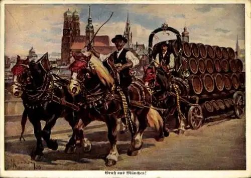 Künstler Ak München, Kutsche, Bierfässer