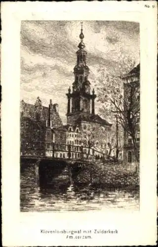 Künstler Ak Matthes, Amsterdam Nordholland, Kloveniersburgwal met Zuiderkerk