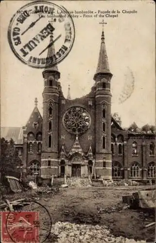 Ak Godewaersvelde Nord, Mont des Cats, Abbaye bombardee, Facade de la Chapelle