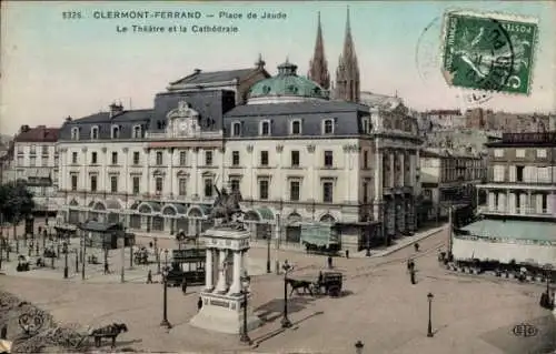 Ak Clermont Ferrand Puy de Dôme, Place de Jaude, Theater, Kathedrale, Denkmal
