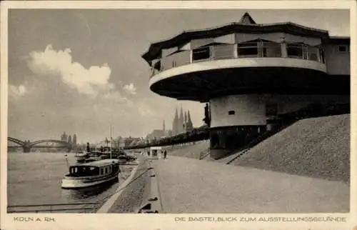 Ak Köln am Rhein, Bastei, Blick zum Ausstellungsgelände, Schiff, Brücke, Kirche