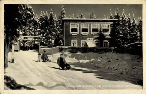 Ak Braunlage im Oberharz, Wurmberg, Café Rodelhaus, Schlittenfahrer