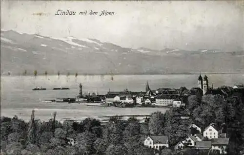 Ak Lindau am Bodensee Schwaben, Totalansicht, Kirchtürme, Alpen