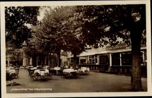 Ak Mägdesprung Harzgerode am Harz, Gaststätte Selkemühle, Böcker, Terrasse