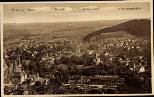 Ak Thale im Harz, Kurpark, Reichsbahnhof, Verwaltungsgebäude