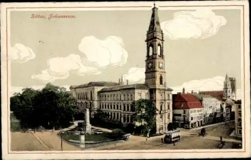 Ak Zittau in Sachsen, Johanneum, Tram