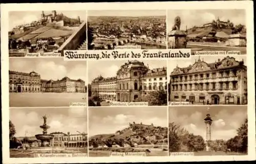 Ak Würzburg am Main Unterfranken, Löwenbrücke, Festung Marienberg, Falkenhaus, Residenz