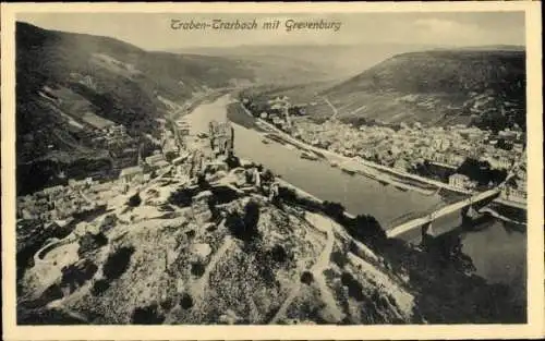 Ak Traben Trarbach an der Mosel, Grevenburg, Luftbild, Brücke