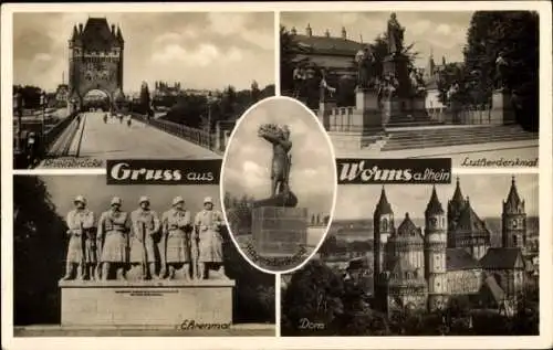 Ak Worms am Rhein, Lutherdenkmal, Rheinbrücke, Ehrenmal, Dom