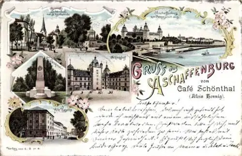 Litho Aschaffenburg in Unterfranken, Schloss Johannisburg, Denkmal, Kaserne, Café Schönthal