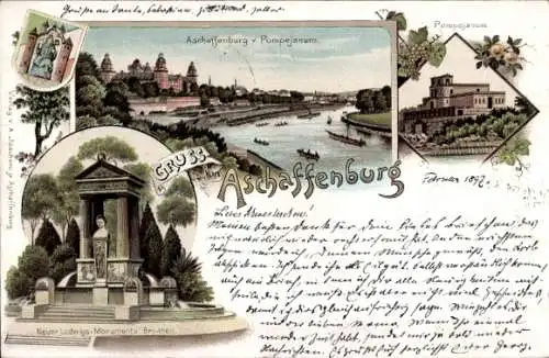 Litho Aschaffenburg Unterfranken Bayern, Pompejanum, Stadtpanorama, Ludwigsmonumentalbrunnen