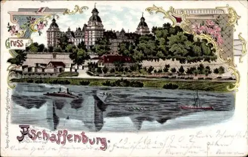 Litho Aschaffenburg in Unterfranken, Schloss Johannisburg