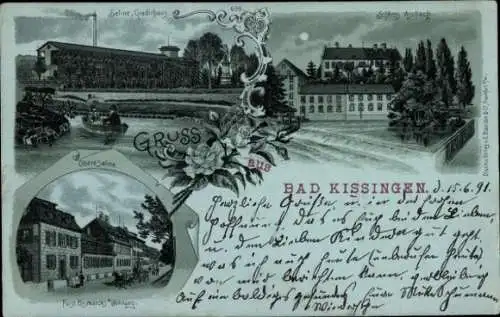 Mondschein Litho Bad Kissingen Unterfranken Bayern, Schloss, Bismarcks Wohnung, Saline, Gradierhaus
