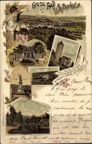 Litho Bad Wildungen in Hessen, Badelogierhaus, Kriegerdenkmal, Kurpark, Totalansicht