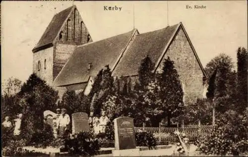 Ak Karby in Schleswig Holstein, Kirche, Friedhof, Kinder