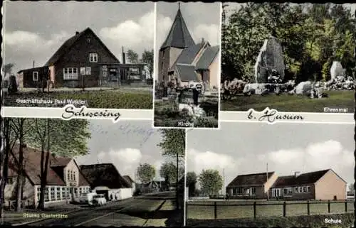 Ak Schwesing in Nordfriesland, Kirche, Ehrenmal, Geschäft Paul Winkler, Schule, Stucks Gaststätte