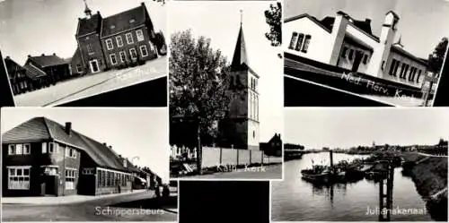 Ak Maasbracht Limburg Niederlande, Rathaus, Kirche, Schippersbeurs, Julianakanal