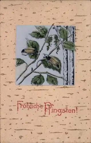 Präge Ak Glückwunsch Pfingsten, Maikäfer auf Zweigen
