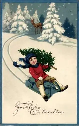 Präge Ak Glückwunsch Weihnachten, Junge mit Tannenbaum auf dem Schlitten