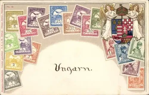 Briefmarken Ak Ungarn, Wappen, Engel