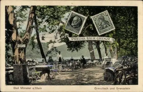 Briefmarken Ak Bad Münster am Stein, Preuß.-Bayr. Grenze, Grenztisch und Grenzstein, Terrasse