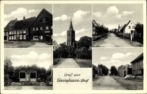 Ak Sünninghausen Oelde Münsterland Westfalen, Kirchplatz, Pfarrkirche, Siedlung, Industrie, Ehrenmal